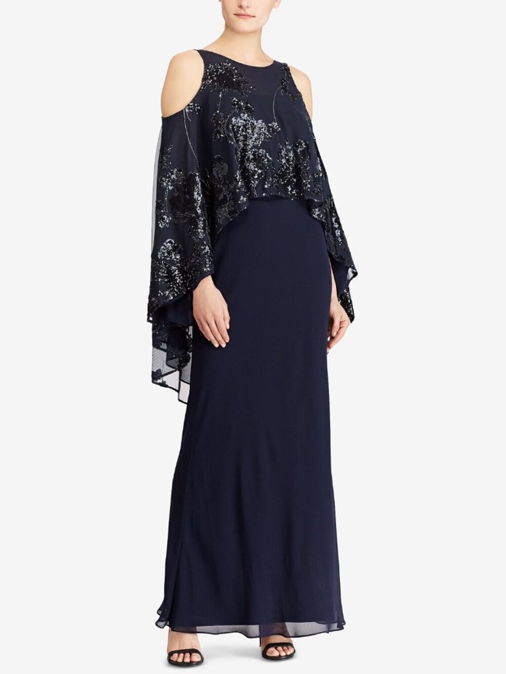 Lauren Ralph Lauren Womens Sequin Overlay Cold Shoulder Gown